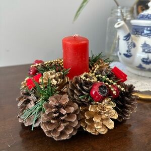 Vintage Red and Gold Pinecone Candle Ring Holder for Table Setting